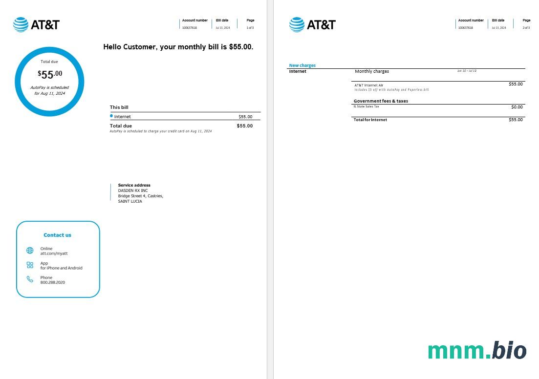 Saint Lucia Internet Business utility bill Word and PDF template, 3 pages1